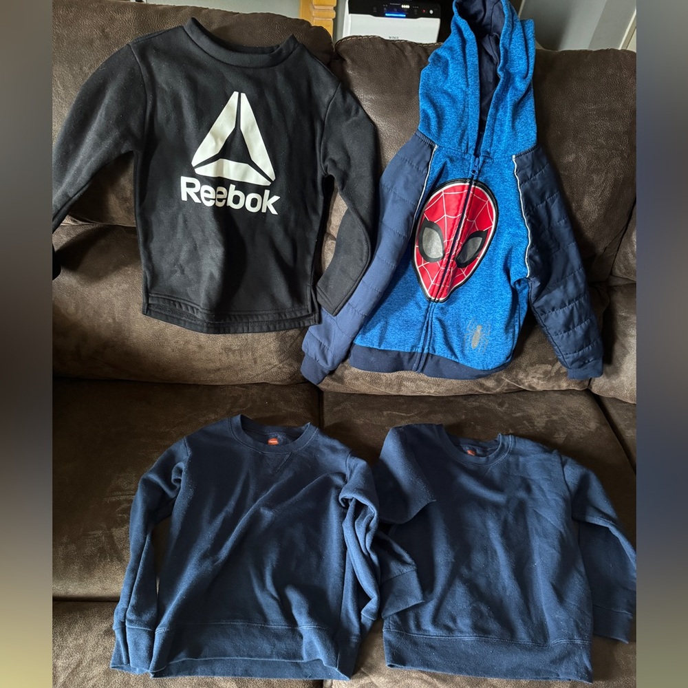 3 crewnecks and Spider-Man hoodie